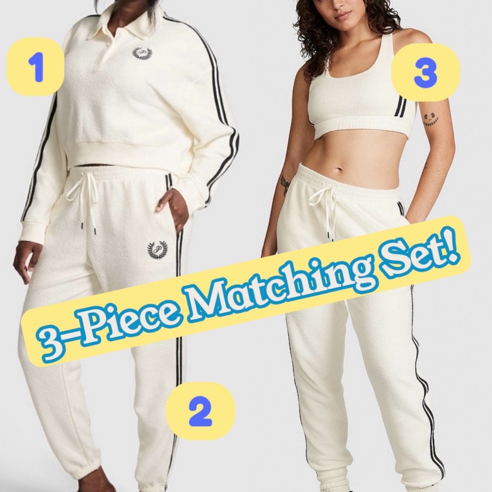 VS PINK Reverse Fleece Cropped Sweatshirt & Gym Pants Sports Bra Cream XL NEW